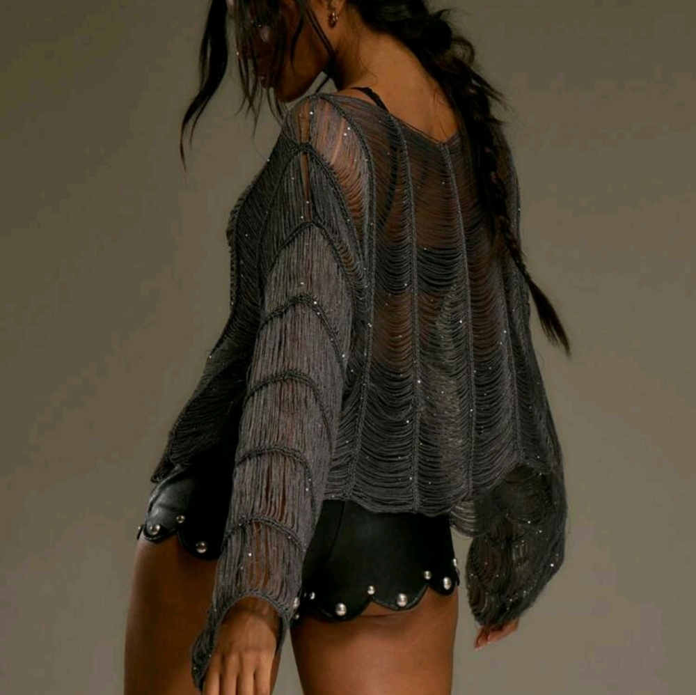 Slash Neck Distressed Fringe Beaded Long Sleeve Top Western Country Fall - Picture 4 of 6